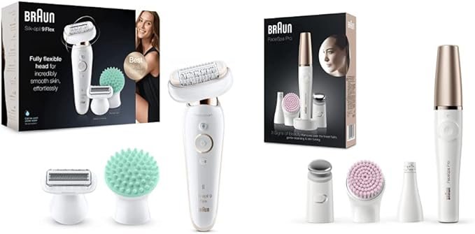 Silk – Épil 9 Flex 9-020 -Épilateur Électrique Femme avec Tête Souple & FaceSpa Pro Épilateur Électrique Femme Visage et Beauté Tout-en-Un, Brosse Nettoyante et Tête Raffermissante, Blanc/Bronze