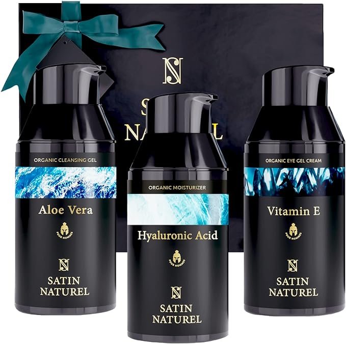 Coffret Soins pour le Visage Bio pour Homme – Complet, Rapide et Efficace – Nettoyant Visage Homme + Creme Hydratante Visage Homme + Crème Contour des Yeux Anti Cerne Homme