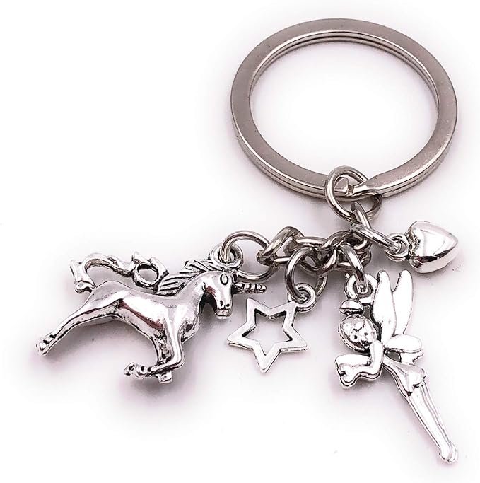Pendentif Porte-clés Argent Coeur fée étoiles Coeur