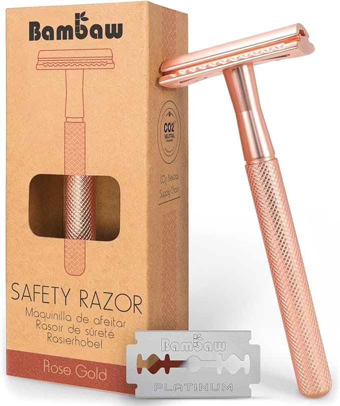Rasoir de Sécurité Femme Or Rose | Rasoir Femme en Métal | Rasoir de Surete | Compatible avec Toutes Lames Doubles| Rasage Femme | Rasage Manuel | Beauté Zéro Déchet | Rasoir Manuel Femme