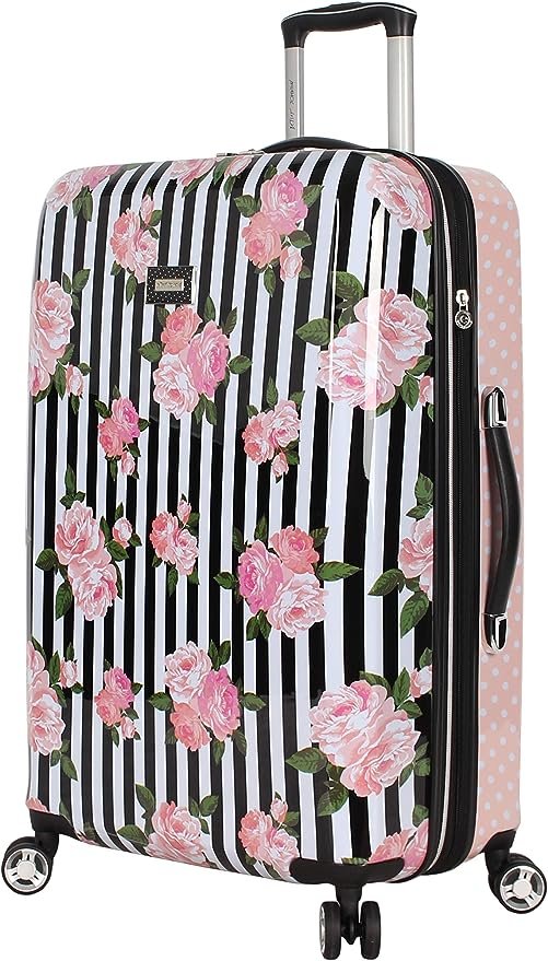 Valise rigide extensible – Résistante aux rayures (ABS + PC) – Sac léger avec 8 roulettes pivotantes, Roses à rayures