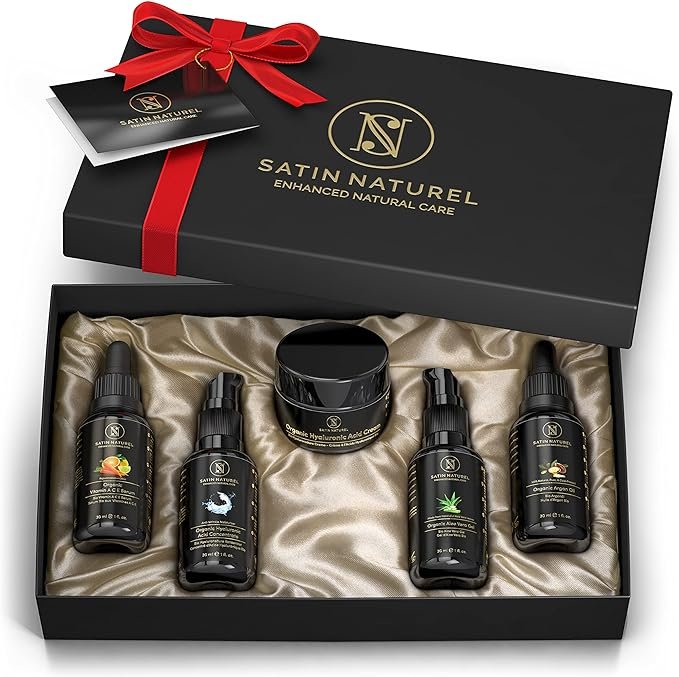 Coffret Cadeau Femme, Cadeau Anniversaire Femme, 5 Produits de Beauté Bio – Serum Visage Vitamine C + Acide Hyaluronique,Aloe Vera Gel, Huile Argan + Creme Hydratante Visage